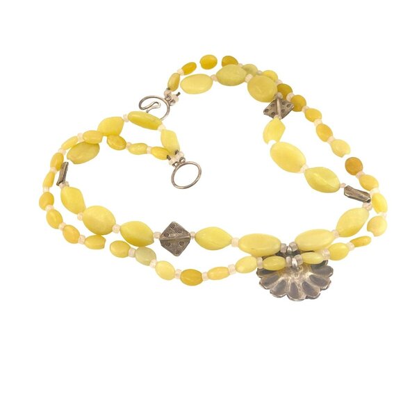 Serpentine Stone 2 Strand Necklace with Flower Blossom Center 16" Choker - Picture 5 of 5